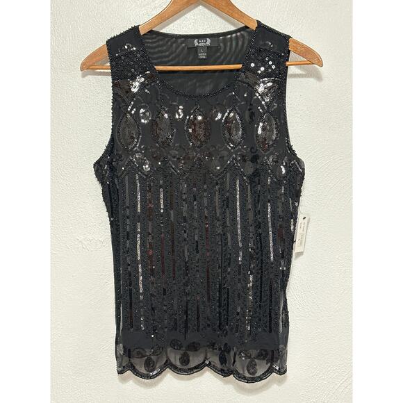 A.Z.I NWT Sequin Beaded L Black Semi Sheer Holiday Evening Going Out Top - Picture 1 of 13